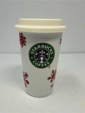 Starbucks Tumbler Holiday 12oz Ceramic 2010 Red Snowflakes Christmas Mug A1